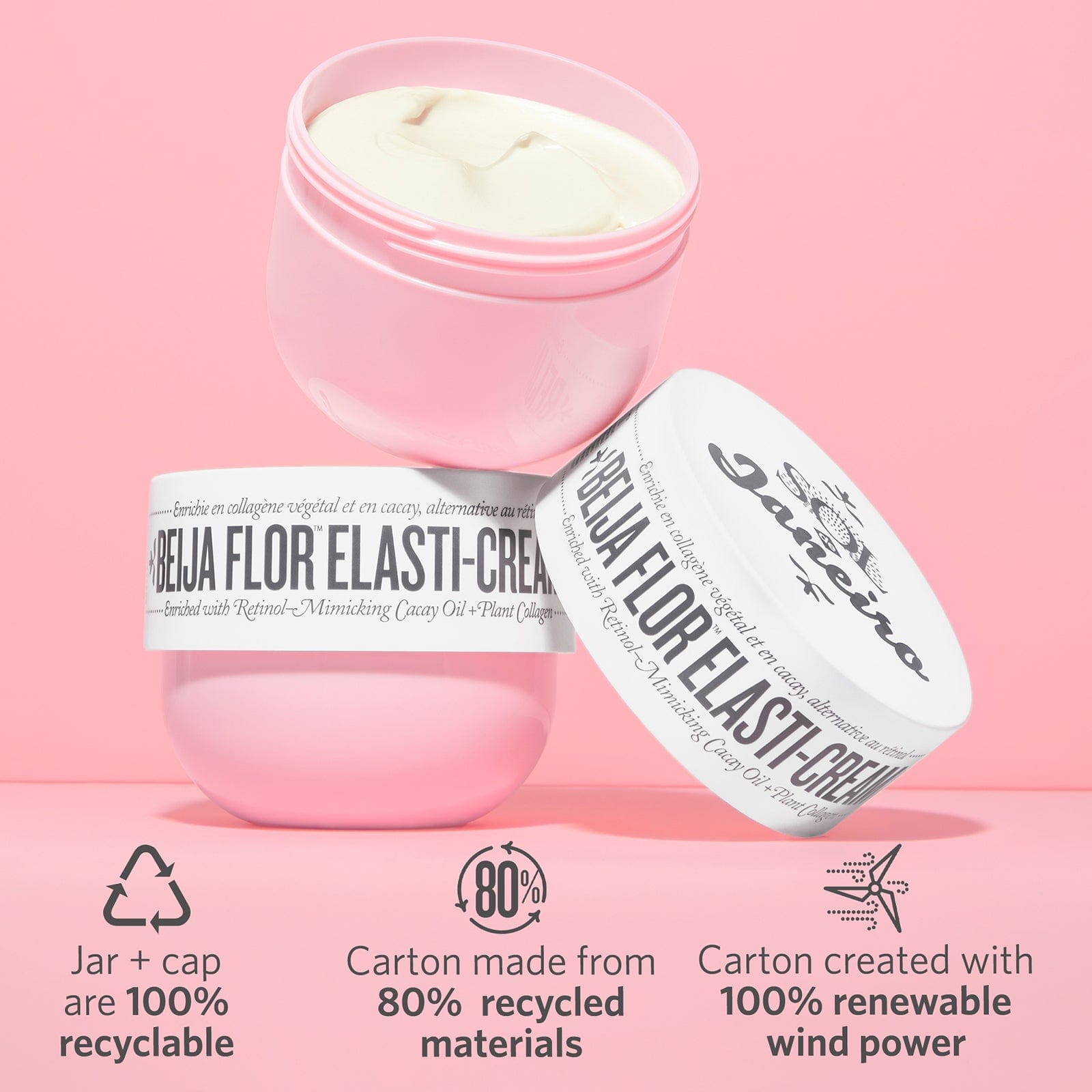 jar and cap are 100% recyclable | carton made from 80% recycled materials | Carton created with 100% renewable wind power | Beija flor elasti-cream | Sol de Janeiro