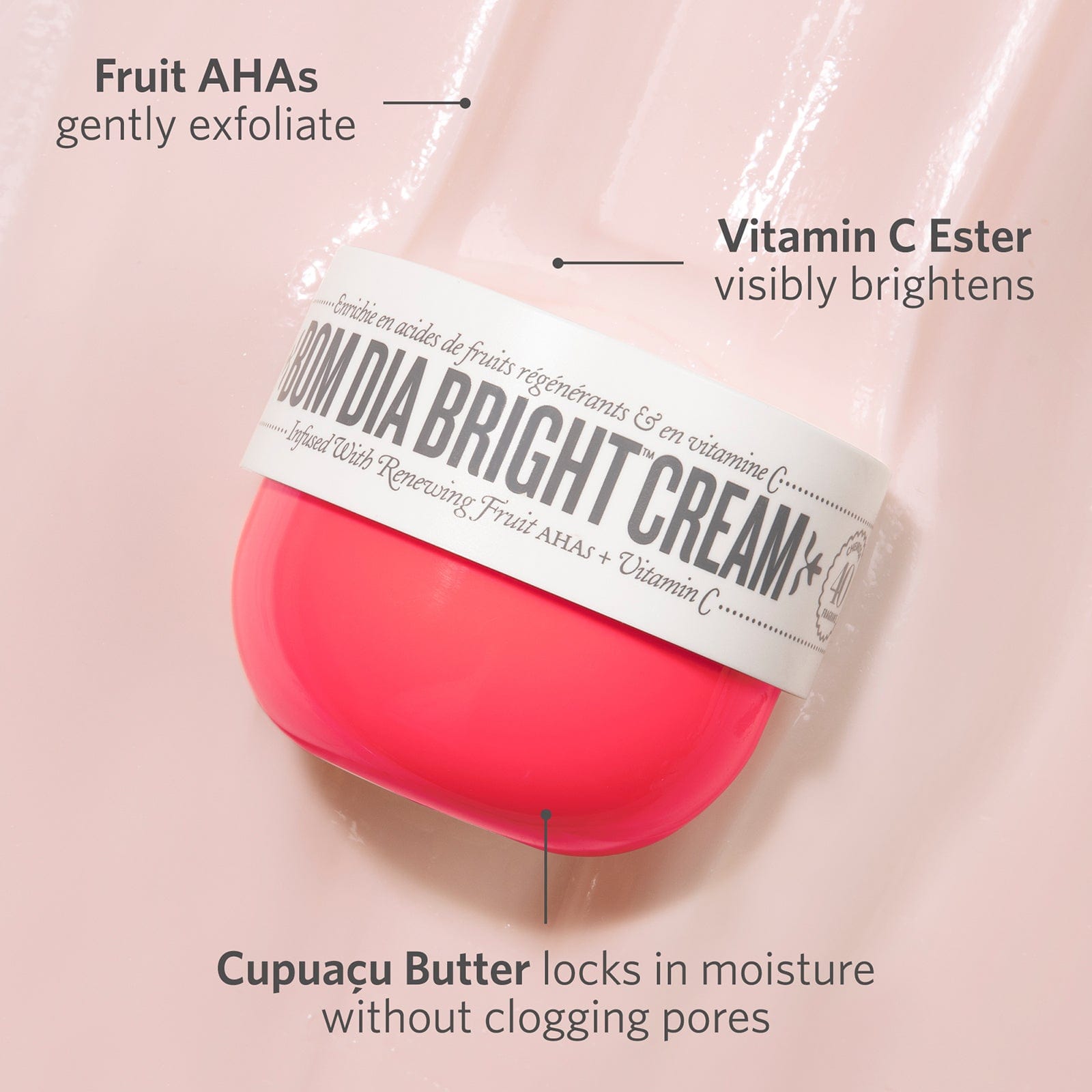 Vitamin C Ester: visibly brightens - Fruit AHAs: gently exfoliate - Cupuaçu Butter locks in moisture with clogging pores
